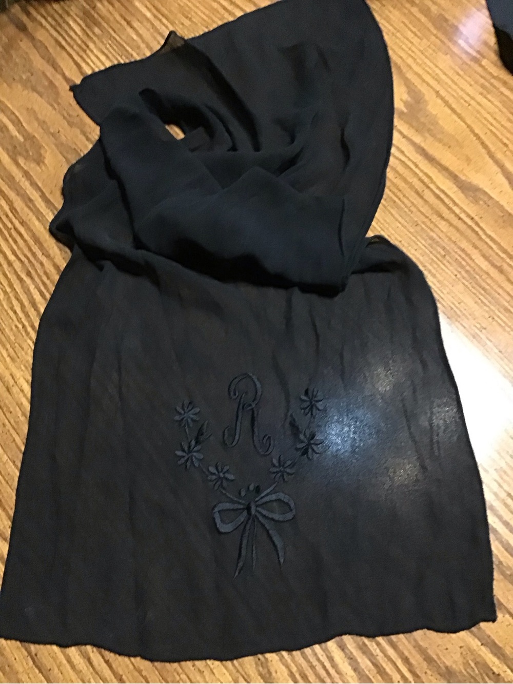 Black Embroidered Floral Scarf with Monogram R